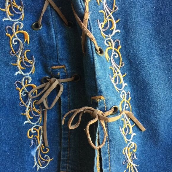 Starwear Jeans Denim Mini Dress Vintage Embroidered Laced Neckline Side Zipper S - Picture 9 of 16